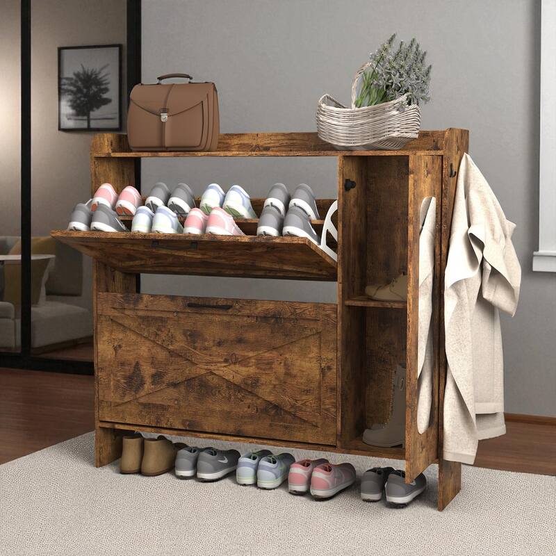 Shoe Cabinet with 2 Flip Drawers and Mirror, Rustic Brown Narrow Shoe Rack with Adjustable Dividers and Metal Legs for Entryway