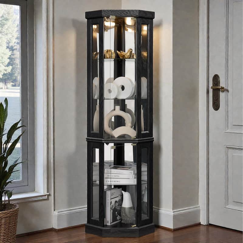 Lighted Corner Curio Cabinet with Glass Doors, Tall Display Case with Mirrored Back for Living Room - Black