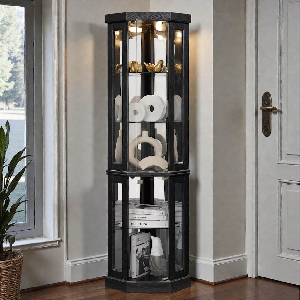Lighted Corner Curio Cabinet with Glass Doors, Tall Display Case with Mirrored Back for Living Room