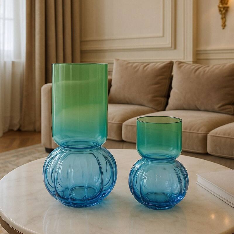 Two-Tone Green and Blue Set of 2 Bubble Shaped Modern Glass Vases