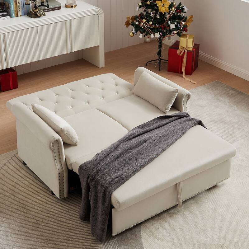 Velvet Convertible Loveseat Sleeper sofa with 2 Lumbar Pillows, Adjustable Pull-Out Bed and Removable Armrest