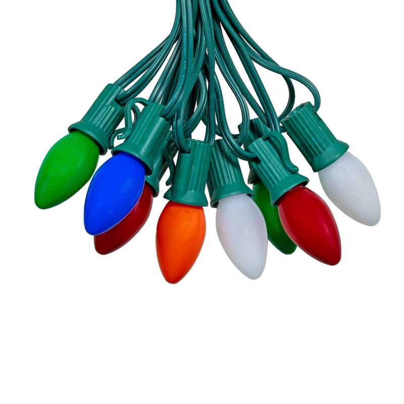 25 Foot C7 LED Ceramic Outdoor Christmas String Light Set, Multicolor, Green Wire