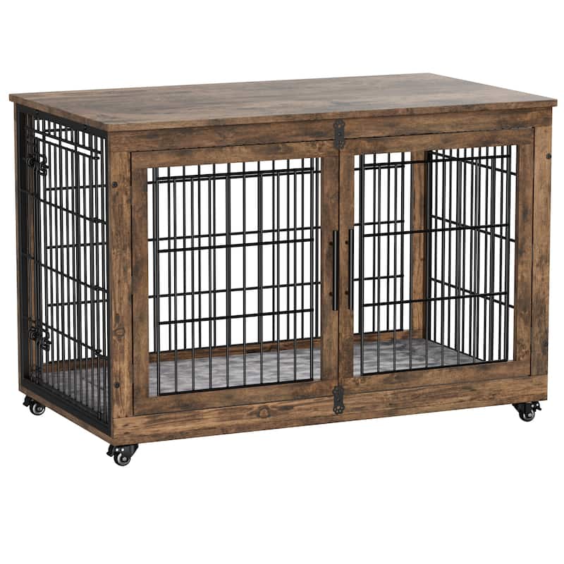 Dog Crate Indoor Heavy Duty Double Doors Wooden Dog Cage with Cushion - 44"L×27.5"W×30.8"H - Brown - Assembly Required