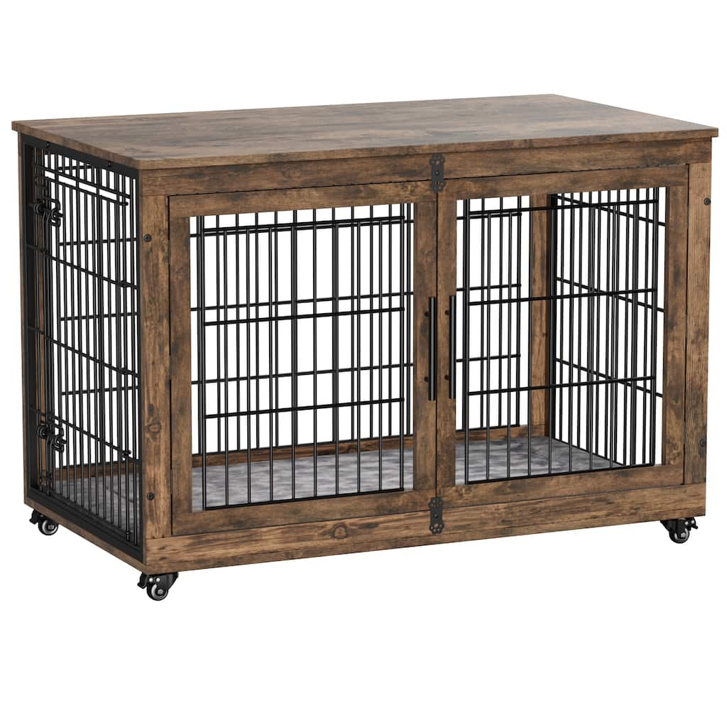 Dog Crate Indoor Heavy Duty Double Doors Wooden Dog Cage with Cushion