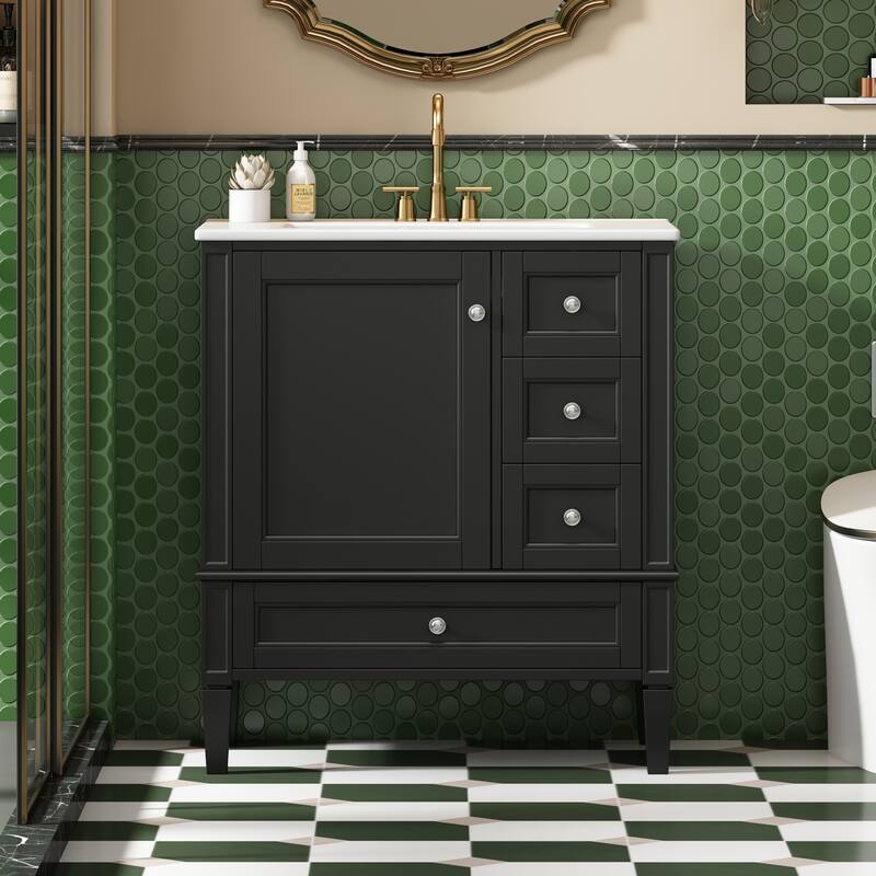 Bathroom Vanity with Ceramic Sink, Bathroom Cabinet with Soft Closing Doors, Vanity Set with 2-Tier Storage Rack and 3 Drawers