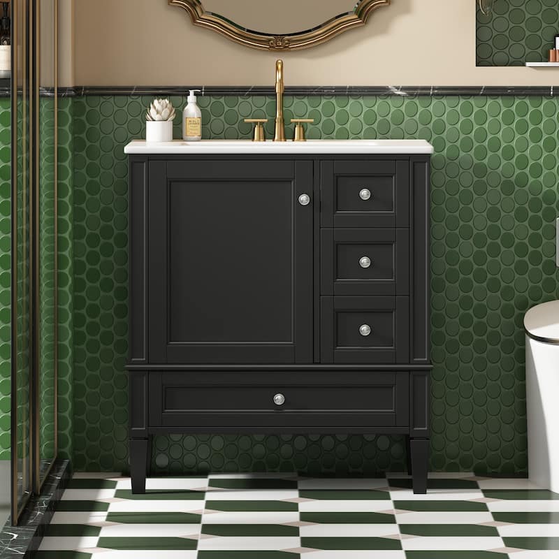 Roomfitters 30" Vanity with Ceramic Sink, Solid Wood Frame Bathroom Cabinet with 3 Drawers, Modern Storage Design