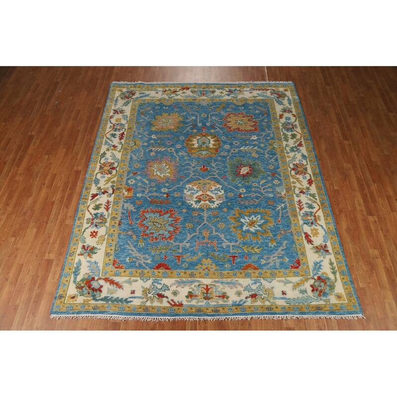 Light Blue Oushak Indian Area Rug Hand-Knotted Wool Carpet - 7'11"x 9'7"