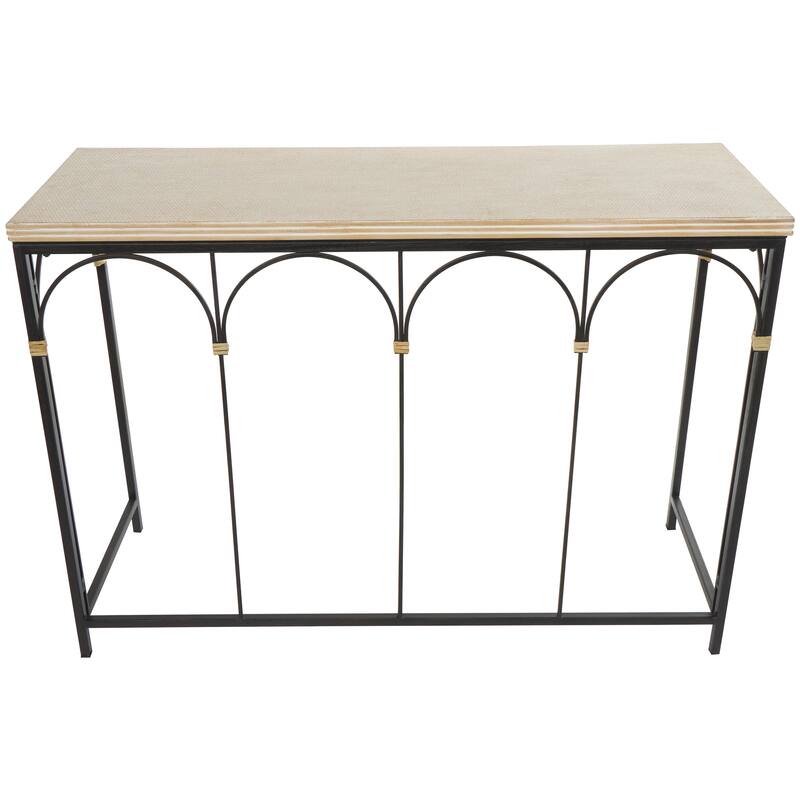 Wooden Arched Console Table with Wood Zig Zag Patterned Top and Rattan Accents - Black - Roche River Decor