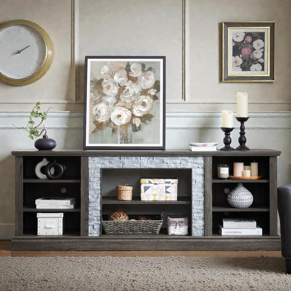 70 Inch TV Stand for TVs up to 75 Inch, Media Console with Faux Stacked Stone Surround, Storage Cabinet & Cable Management