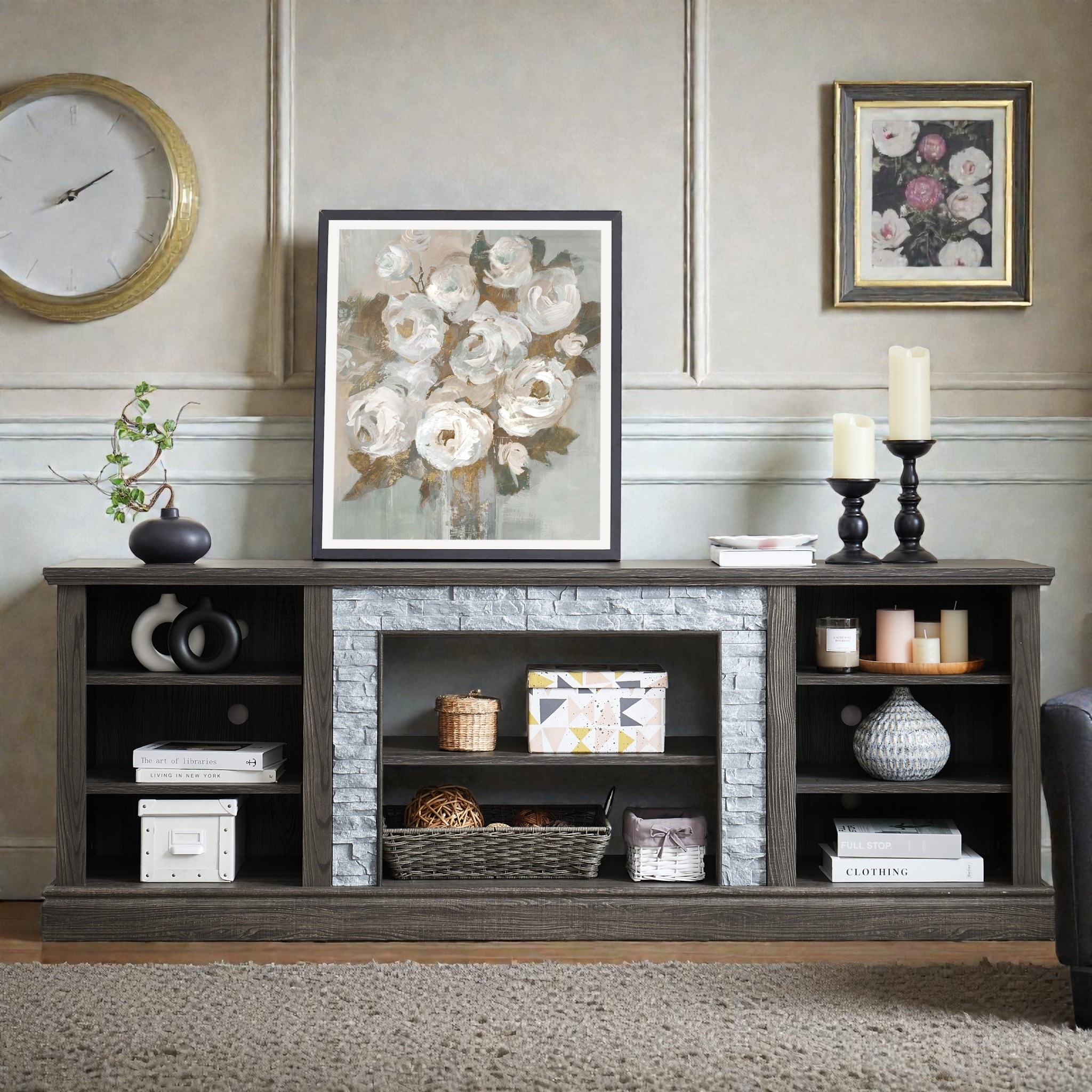 70 Inch TV Stand for TVs up to 75 Inch, Media Console with Faux Stacked Stone Surround, Storage Cabinet & Cable Management