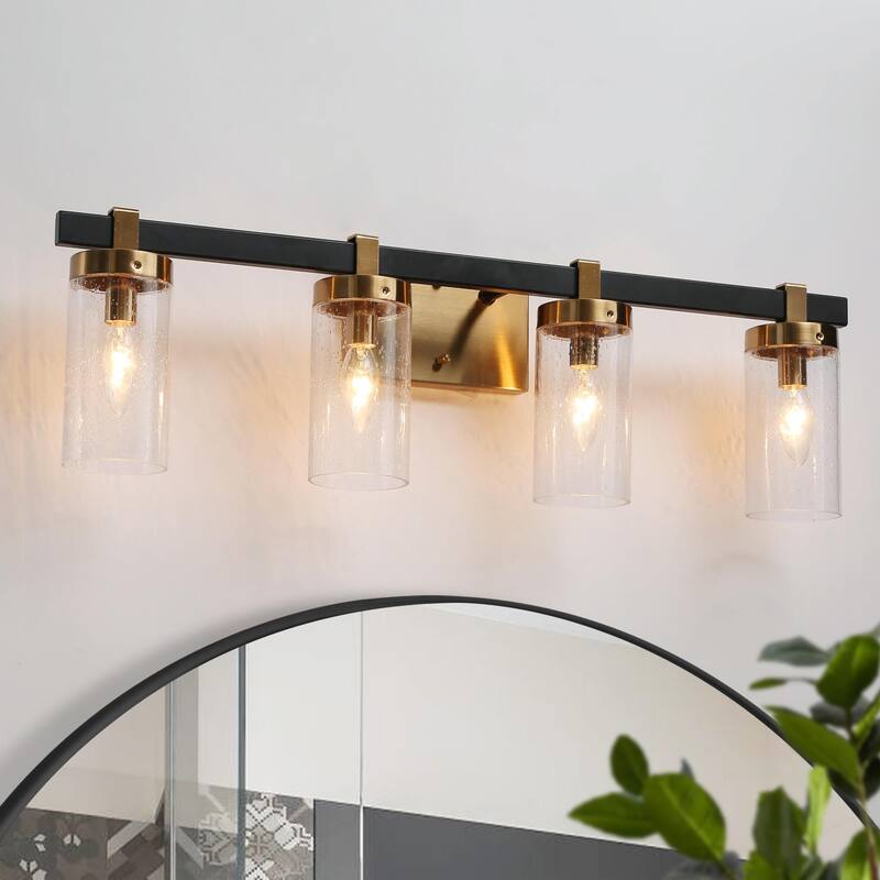 Yilia Modern Black Gold 4-Light Linear Bathroom Vanity Light Glass Wall Lighting - 28" L x 5" W x 8.5" H
