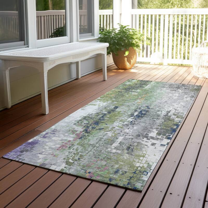 Machine Washable Indoor/ Outdoor Abstract Pixels Chantille Rug - Aloe - 2'3" x 7'6"