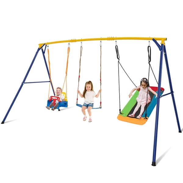 slide 2 of 9, Gymax 660 LBS Indoor Outdoor Swing Set Heavy Duty Carbon Steel Swing Yellow+Blue - Kids