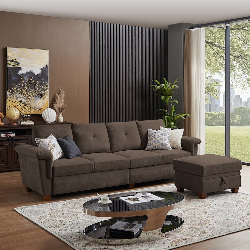 109" Modern 4 Seaters Towelling Sectional Sofa with Hidden Coffee Table Adjustable Headrest and Large Storage Space