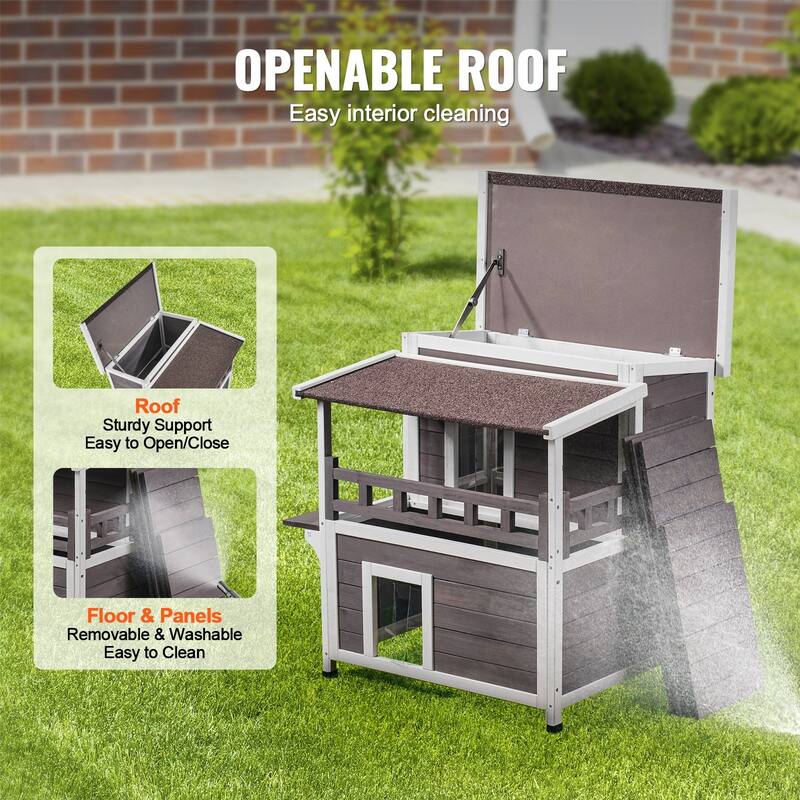 Grey Wooden Outdoor Double Layer Cat House with Jumping Platform and Asphalt Roof - 30” x 30” x 32”