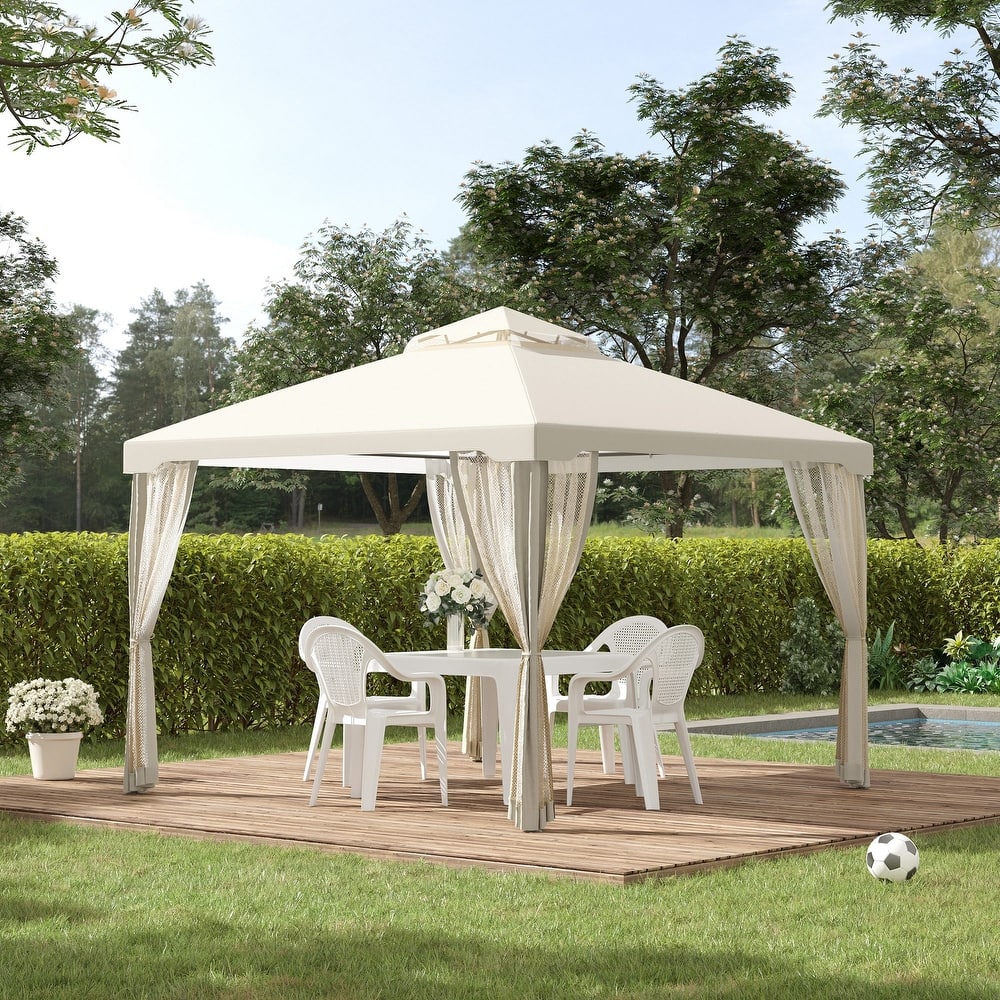 Outsunny 9.5' x 9.5' Patio Gazebo Outdoor Pavilion 2 Tire Roof Canopy Shelter Garden Event Party Tent Yard Sun Shade Steel Frame