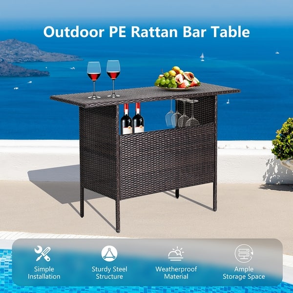 dimension image slide 0 of 2, Costway Patio Rattan Wicker Bar Height Counter Table Storage Shelf