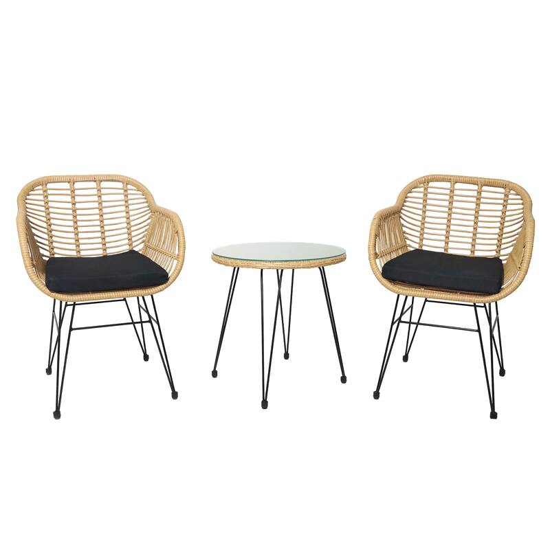 3 Pieces Patio Rattan Conversation Set with Coffee Side Table - Yellow+Black