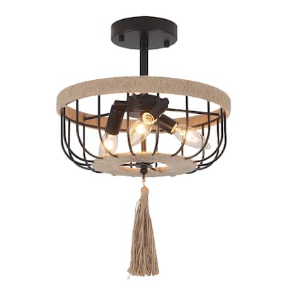 3-Light Classic Hanging Linear Chandelier Light Ceiling Light with Hemp Rope Shade for Kitchen Island