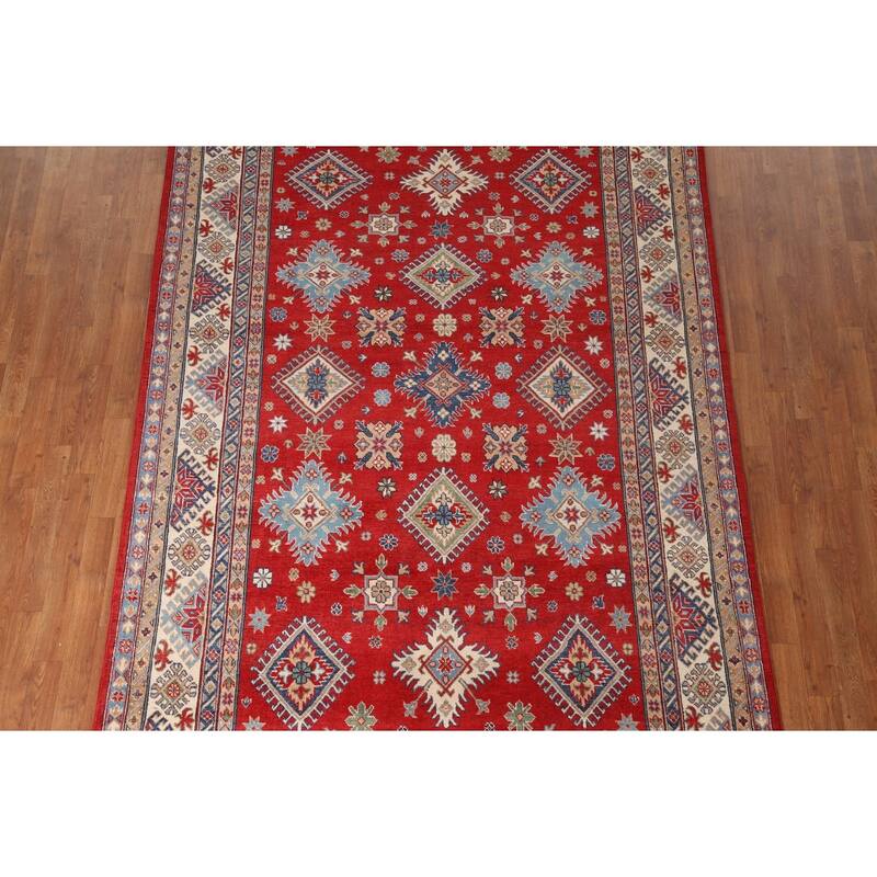 Geometric Red Kazak Area Rug Hand-Knotted Wool Carpet - 6'5" x 9'10"