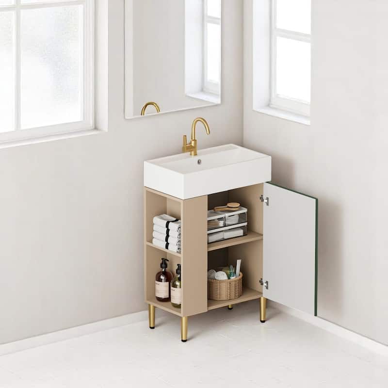 21.6" Open-Shelving Bathroom Vanity with Ceramic Sink, Soft-Closing Door, Brushed Copper Accents, Compact Storage Cabinet