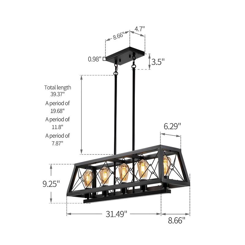 Black Wood Farmhouse Rectangle Linear Island Chandelier