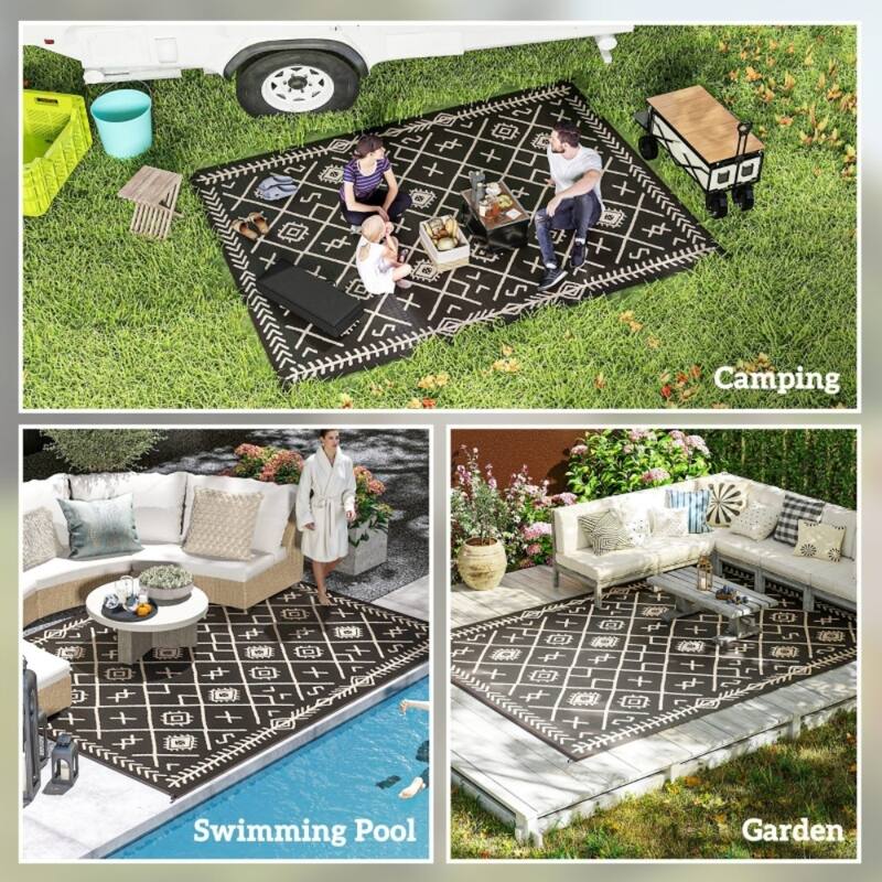 Reversible Outdoor Rug Black Beige Rhombus UV Protected Foldable Camping RV Patio Picnic Mat - 143.7" L x 107.9" W