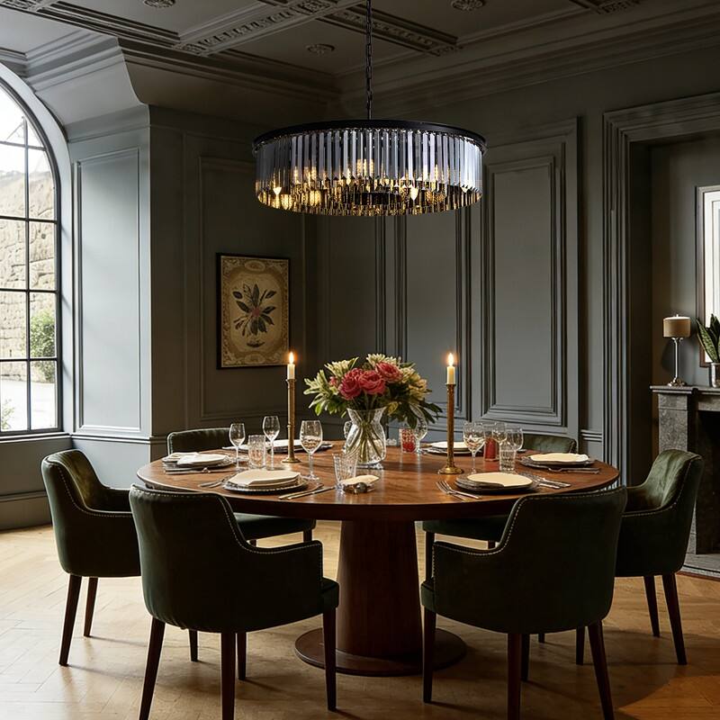 30-inch Smoky Gray Round Chandelier 2-Tier Modern Crystal Chandelier Kitchen Island Pendant Light for Dining Room Bedroom