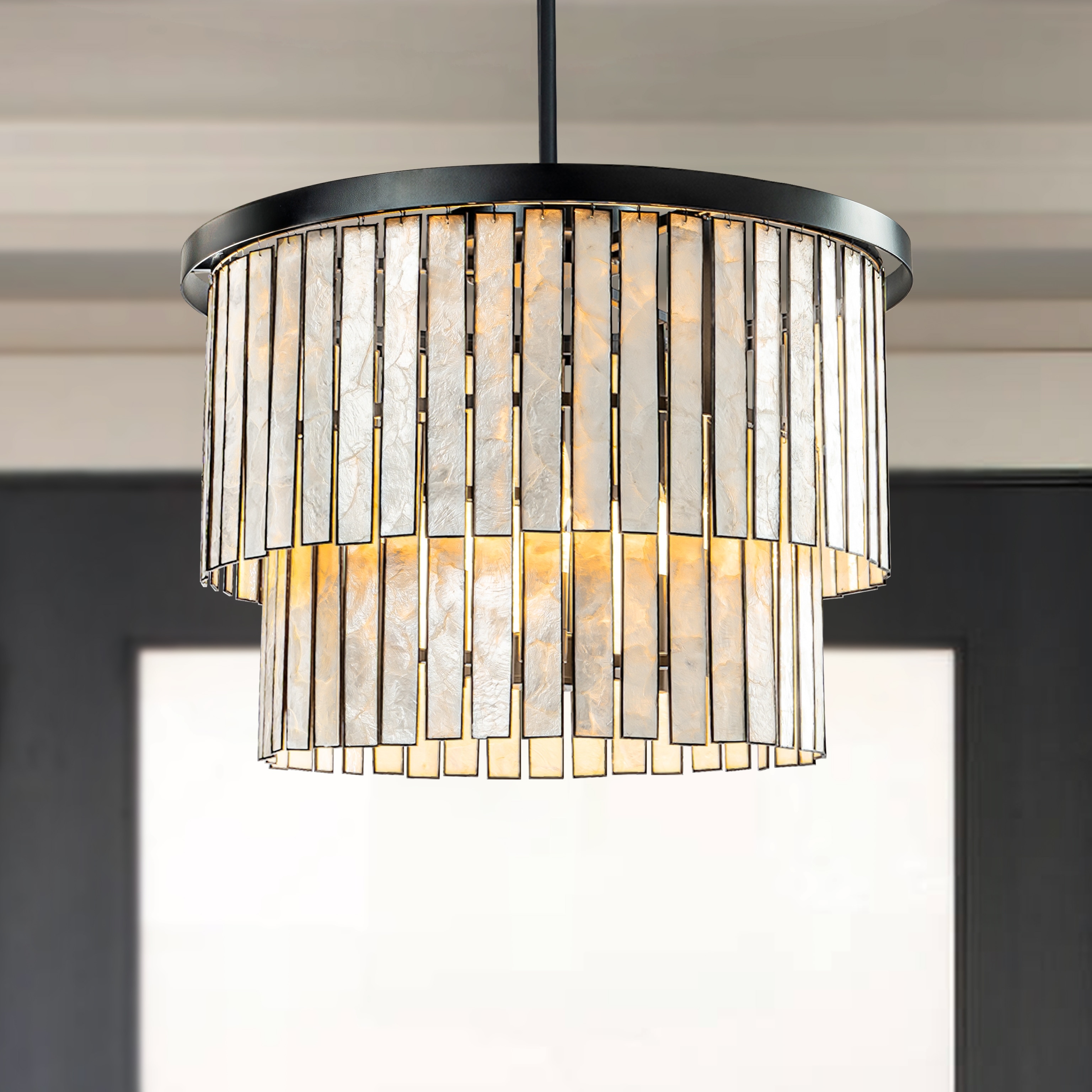 Matte Black Coastal Natural Capiz Round Chandelier 5 Light Modern Pendant Fixture for Living Room and Dining Room W20