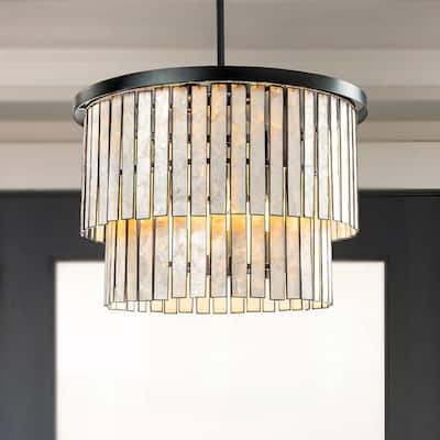 Matte Black Coastal Natural Capiz Round Chandelier 5-Light Modern Pendant Fixture for Living Room and Dining Room - W20"