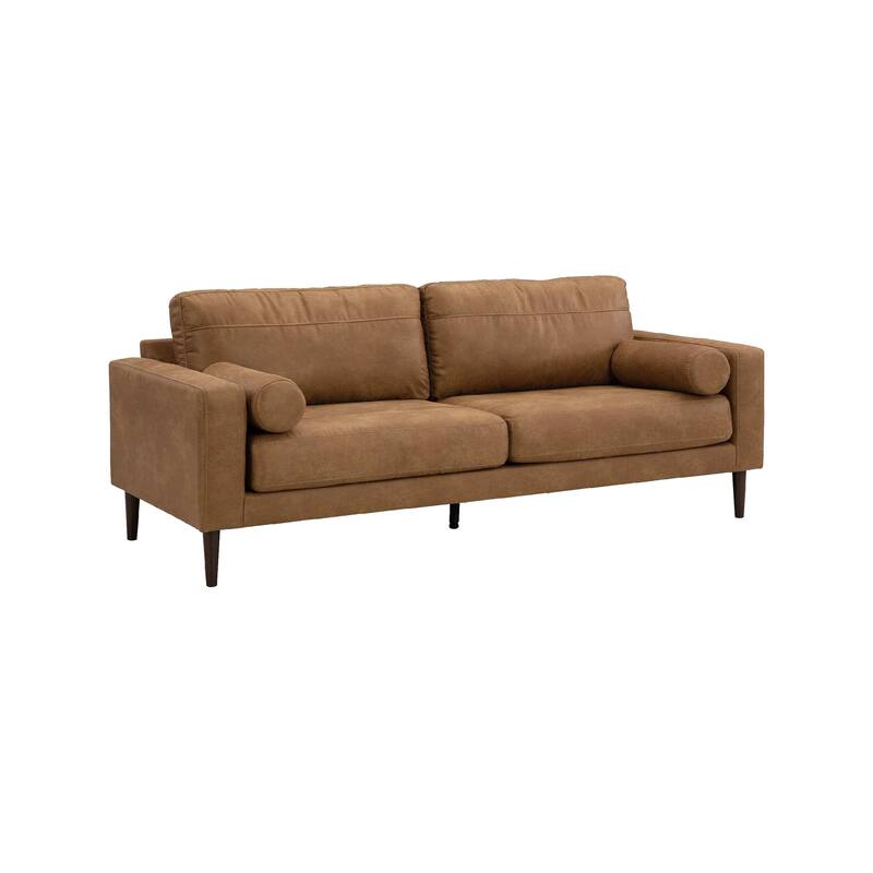 Tely 85 Inch Sofa, Transitional Style, Soft Caramel Brown Faux Leather