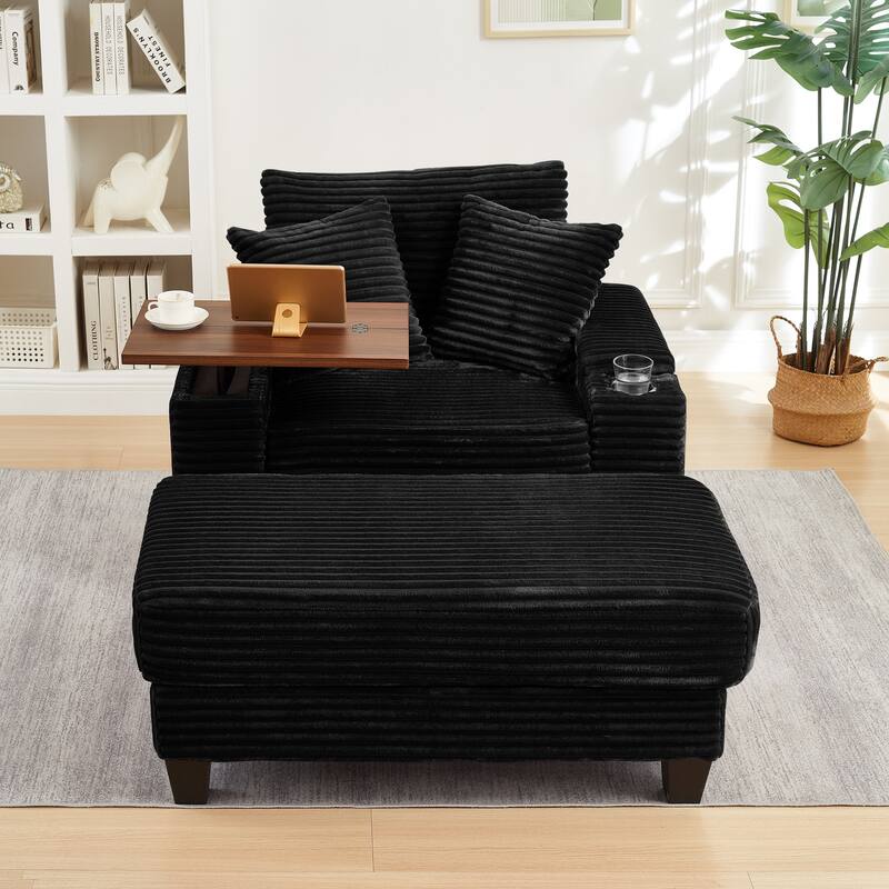 Versatile Chaise Lounge Single Sofa Chair with Ottoman, Swivel Table, Storage Armrest, Cup Holder, Bluetooth Speaker and USB
