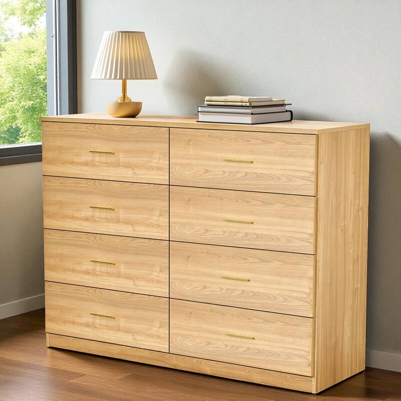 Modern Natural 8-Drawer Dresser Wide Bedroom Chest Engineered Wood Storage Cabinet with Golden Handles