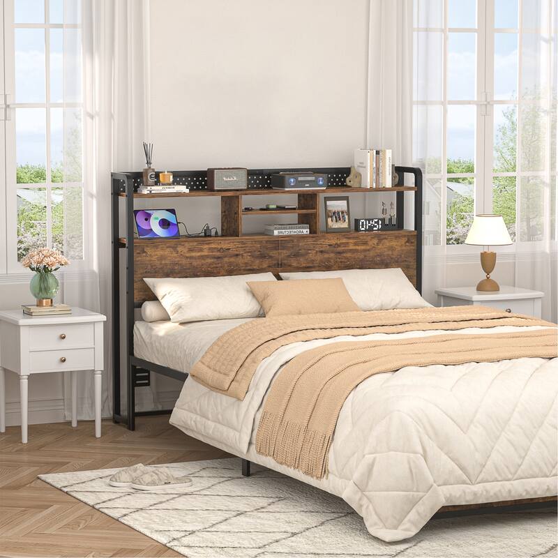 Bed Headboard with Storage Shelf and Charge Station, Height Adjustable Headboard with LED Light