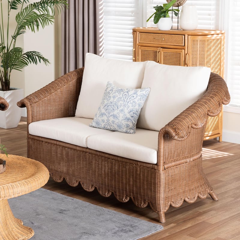 Detta Natural Rattan Loveseat with Cushion - Handwoven Wicker Settee with Rolled Arms and Scalloped Skirt Base