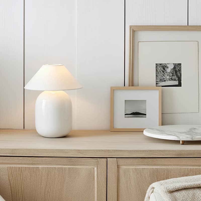 Ren LED 7.87 in Glossy Cream Midcentury Modern Urn Dimmable Cordless Portable Rechargeable Bedside Nightstand Desk Lamp