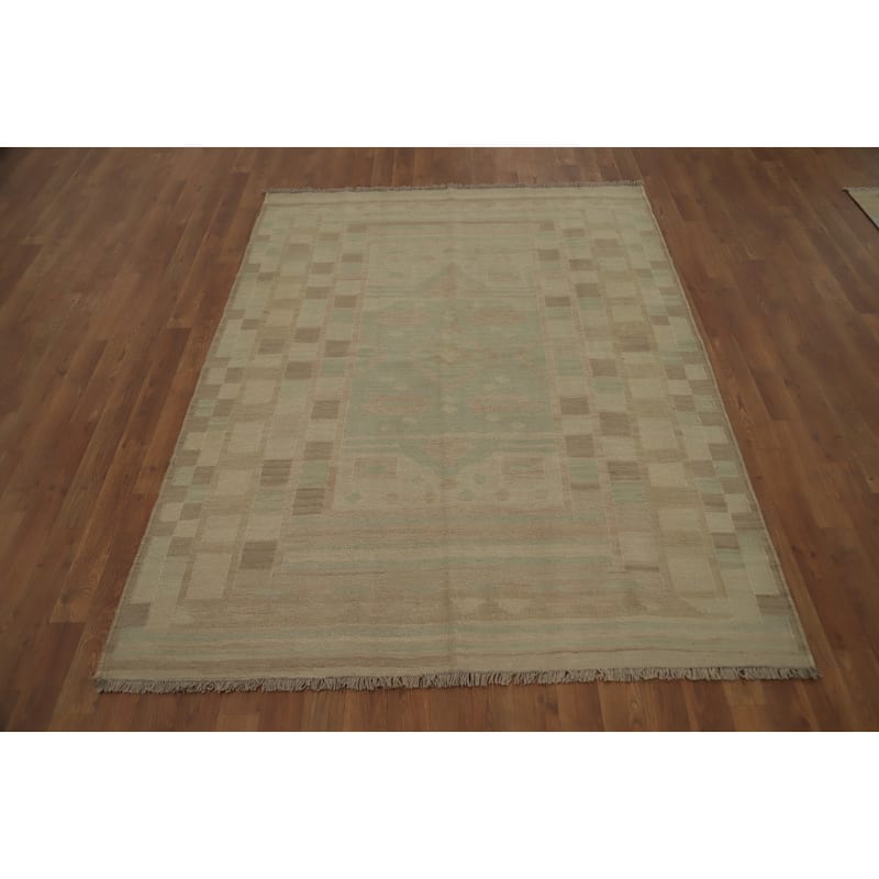 Hand Woven Oriental 100% Wool Carpet Southwestern Tribal Green Kilim Area Rug - 6' 4'' X 4' 9''