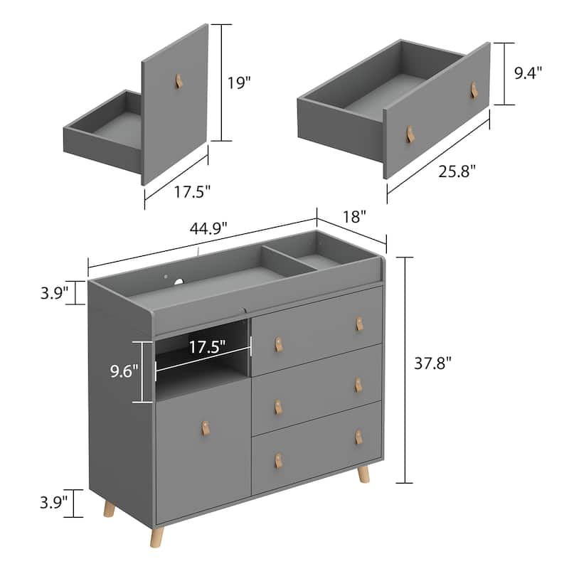 45inch Hidden Trash Storage, Nursery Dresser w/Changing Station White