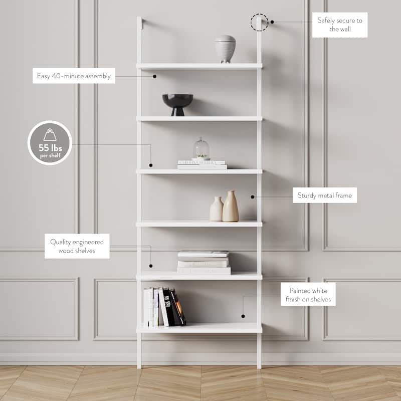 Nathan James Theo 6-Shelf Tall Bookcase, Wall Mount Bookshelf Wood with Metal Frame