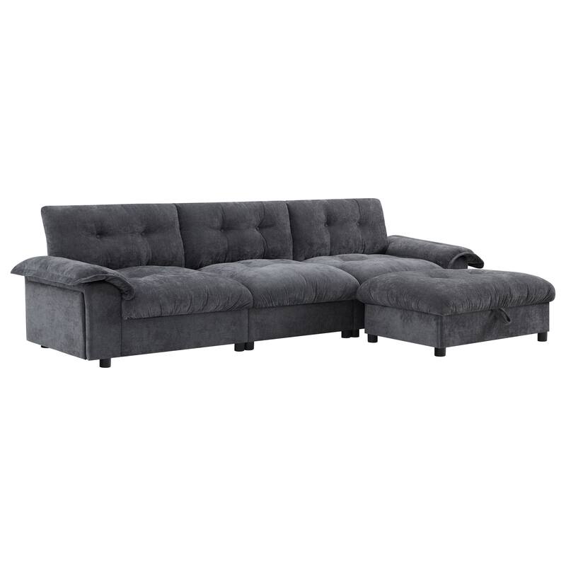Chenille Tufted L-Shape Sectional Sofa with Storage Ottoman, Pockets and All-in-one Armrest with Dual-Port Charging, Cup Holder
