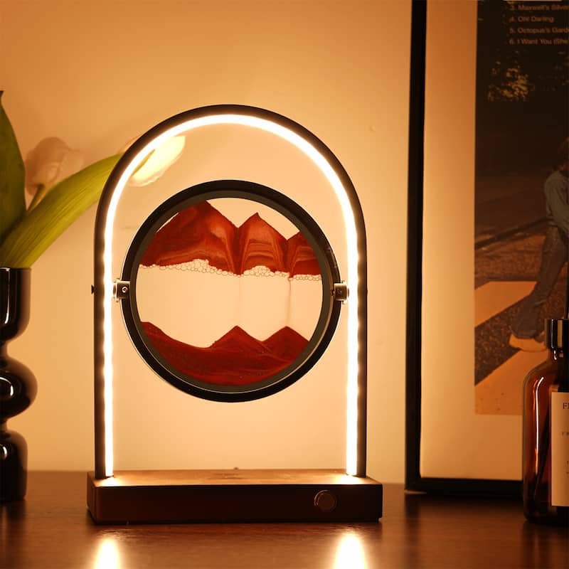 3D Round Sand Picture Lamp with LED 3 Colors Art Light with Stand - Red