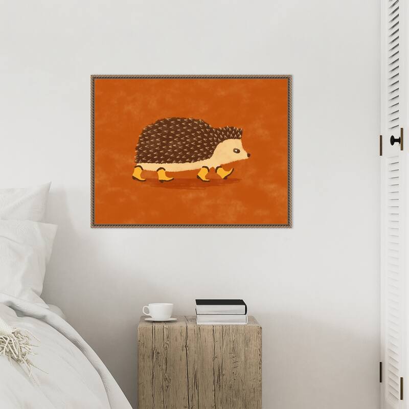 Sonny the Hedgehog Running In Cowboy Boots by Anyone Can Yeehaw Framed Canvas Wall Art Print - Sylvie Beaded Gold