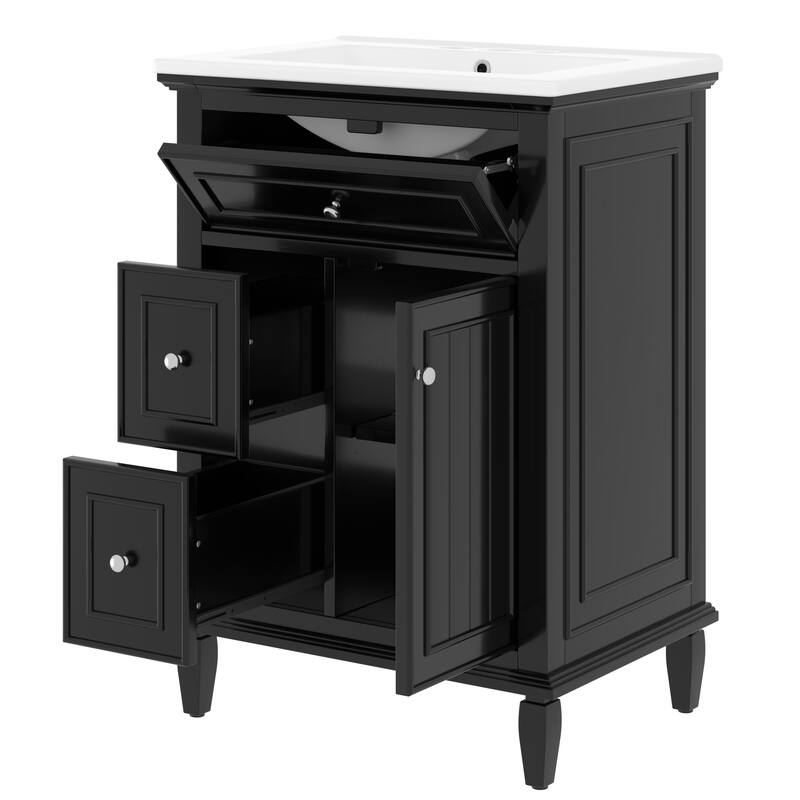 Roomfitters 24" Bathroom Vanity with Sink, Solid Wood Frame, Flip Drawer, 2 Side Drawers & Adjustable Shelf