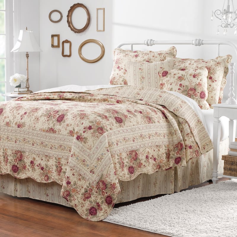 Greenland Home Fashions Antique Rose All-Cotton Reversible Quilt Set - Ecru (5-Piece Set) - Full - Queen