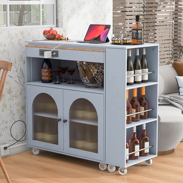 Rolling Kitchen Island Set w Extended Table Movable Storage Organizer w LED Lights Convertible Kitchen Side Table Grey Blue