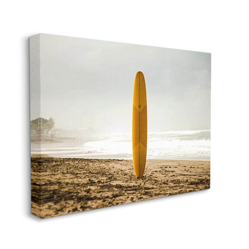 Stupell Yellow Surfboard in Sand Near Shore Photograph Canvas Wall Art - Tan - 24 x 30