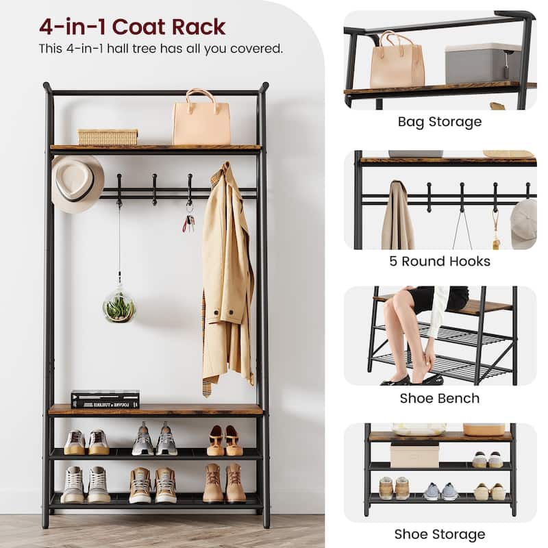 Rustic 4-in-1 Hall Tree Bench with Shoe Rack, Storage Shelf, and 5 C-Shaped Hooks in Brown & Black - 31.5*12.8*71.2in