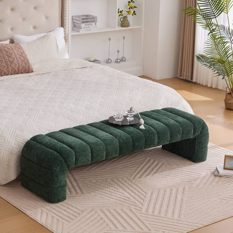 Queen Upholstered Platform Bed - Modern Design with 2 Built-In Reading Lights - Bench+Green+Polyester - Queen