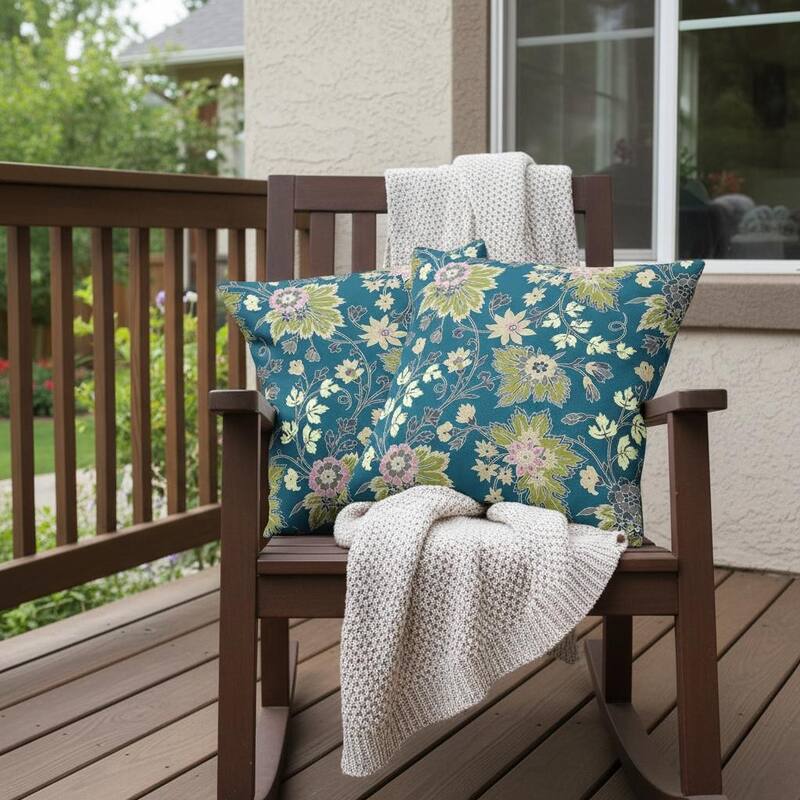 HomeRoots Set of Two 16" X 16" Green and Yellow Blown Seam Floral Indoor Outdoor Throw Pillow - 16.00' X '16.00' X '5.00