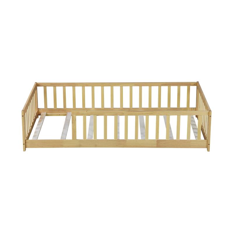 Montessori Twin Size Toddler Floor Bed with Fence without Door, Open-row Design Wood Frame Platform Bed with Safety Guardrails